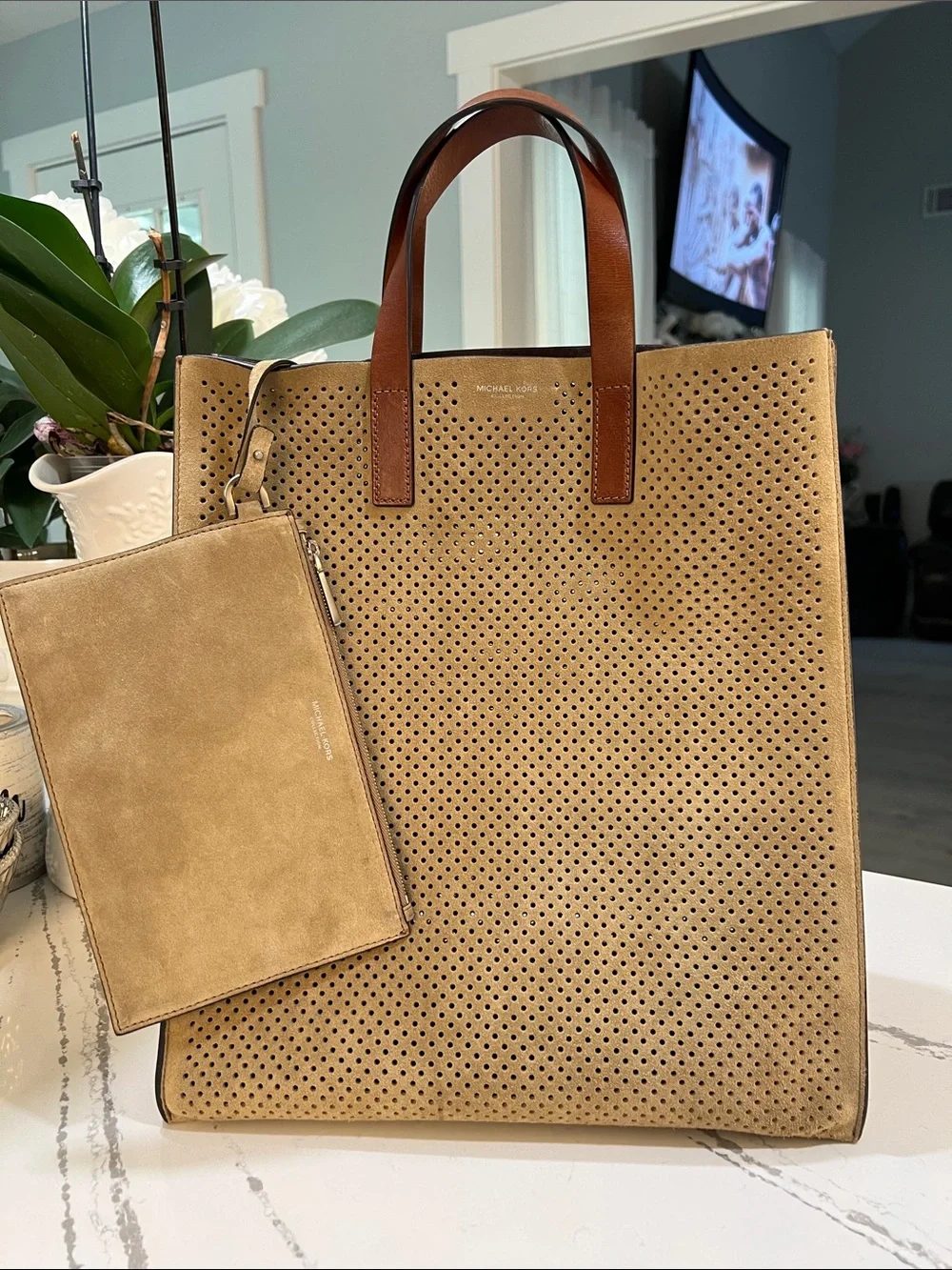 Michael Kors Collection Perforated Suede Tote in Tan with Brown Leather Handles